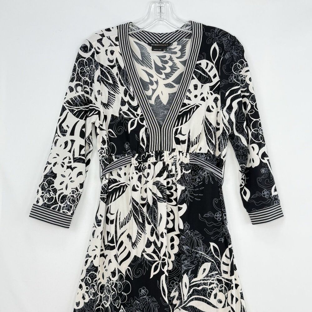 BCBGMAXAZRIA Dress Women's Médium Black Floral V Neck Belted Jersey 3/4 Sleeve - Picture 12 of 16